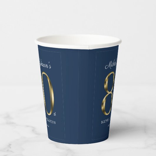 Navy Blue 80th Birthday Solid Gold Text Classic Papieren Bekers (Rechts)