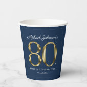 Navy Blue 80th Birthday Solid Gold Text Classic Papieren Bekers (Voorkant)