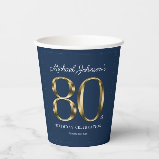 Navy Blue 80th Birthday Solid Gold Text Classic Papieren Bekers (Voorkant)