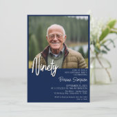 Navy Blue 90th Birthday foto uitnodiging (Staand voorkant)