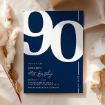 Navy Blue 90th Birthday Party Invitation<br><div class="desc">Invitations classiques navy blue 90e anniversaire avec le numéro '90' dans une grande police serif audacieuse,  et un modèle invitation moderne facile à personnaliser.</div>