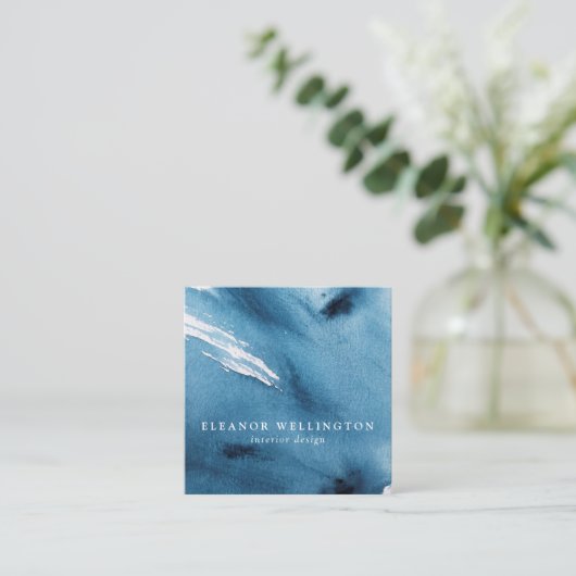 Navy Blue Abstract Waterverf Texture Custom Vierkante Visitekaartje (Staand voorkant)