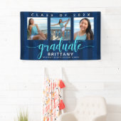 Navy blue afstuderen 3 foto modern glitter script spandoek (Insitu)