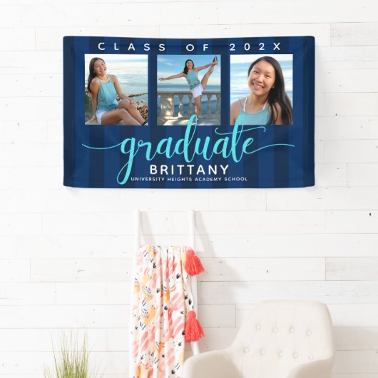 Navy blue afstuderen 3 foto modern glitter script spandoek (Insitu)