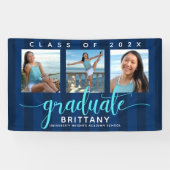 Navy blue afstuderen 3 foto modern glitter script spandoek (Horizontaal)