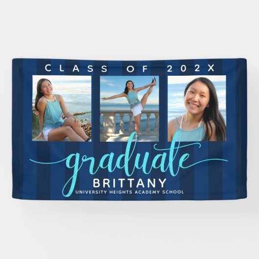 Navy blue afstuderen 3 foto modern glitter script spandoek (Horizontaal)