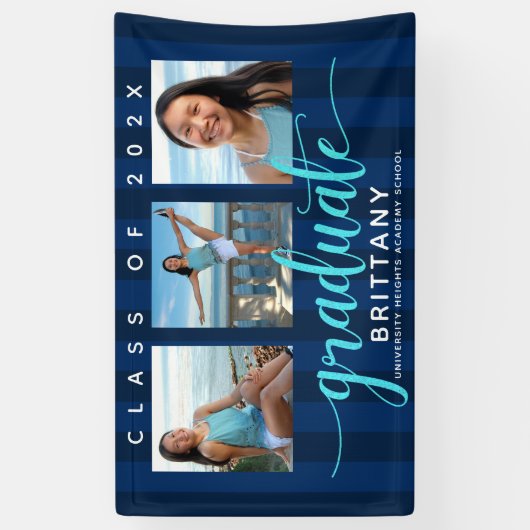 Navy blue afstuderen 3 foto modern glitter script spandoek (Verticaal)