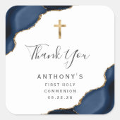 Navy Blue Agaat Eerste Heilige Communie Dank u Vierkante Sticker (Voorkant)