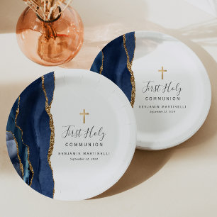 Navy Blue Agaat Gouden Glitter Eerste Heilige Comm Papieren Bordje