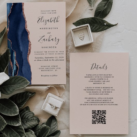 Navy Blue Agaat Roos Gold Blush QR Code Wedding Kaart