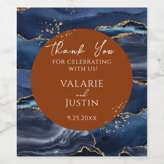 Navy Blue Agate Burnt Sinaasappel Dank u Wijnlabel Wijn Etiket (Enkel label)