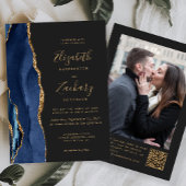 Navy Blue Agate Dark Photo QR Code Wedding Kaart
