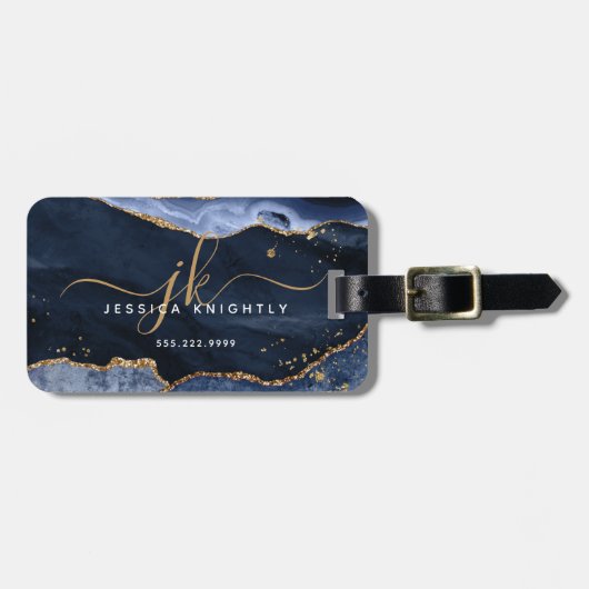 Navy Blue Agate Geode Gold Glitter Monogram Script Bagagelabel (Voorkant horizontaal)