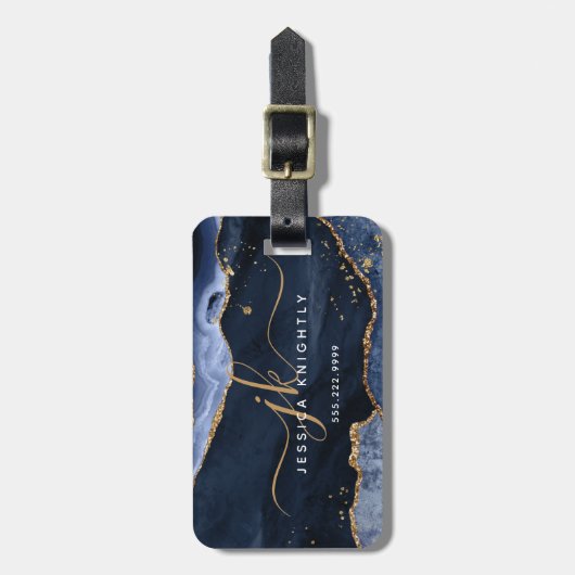 Navy Blue Agate Geode Gold Glitter Monogram Script Bagagelabel (Voorkant verticaal)