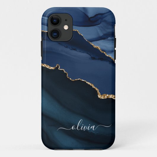 Navy Blue Agate Geode Gold Monogram Case-Mate iPhone Case (Achterkant)