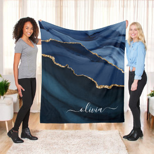 Navy Blue Agate Geode Gold Monogram Fleece Deken