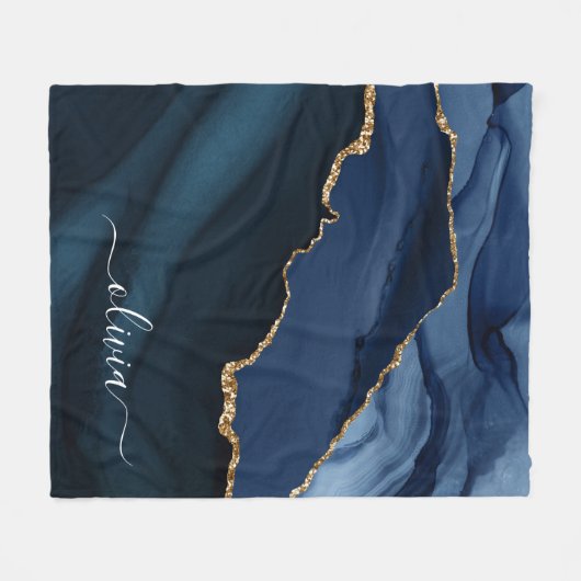 Navy Blue Agate Geode Gold Monogram Fleece Deken (Voorkant (Horizontaal))