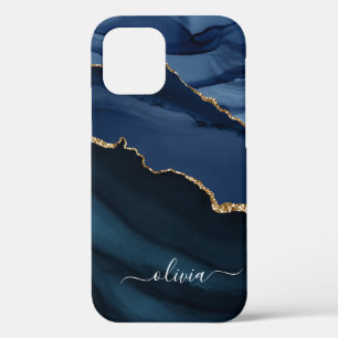 Navy Blue Agate Geode Gold Monogram Hoesje-Mate iP iPhone 12 Hoesje