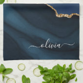 Navy Blue Agate Geode Gold Monogram Theedoek (Gevouwen)