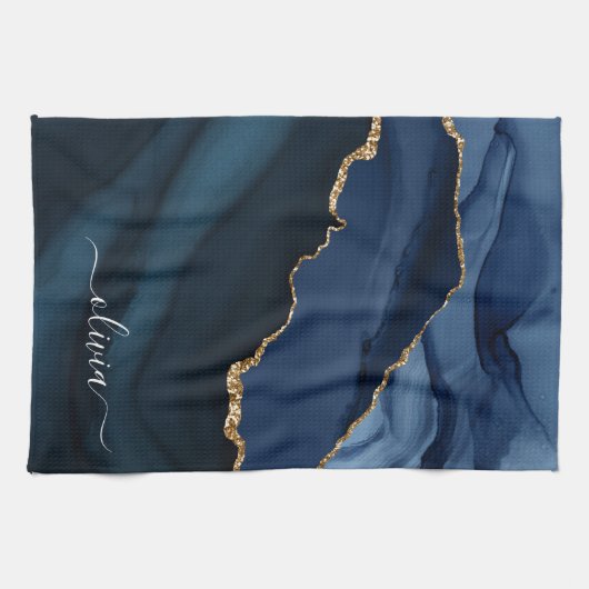 Navy Blue Agate Geode Gold Monogram Theedoek (Horizontaal)