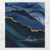 Navy Blue Agate Geode Gold Monogram Wijn Etiket (Enkel label)