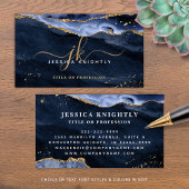 Navy Blue Agate Geode Monogram Gold Script Visitekaartje