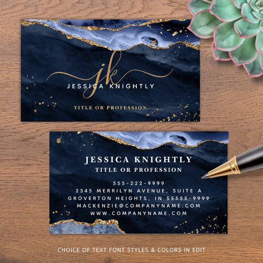 Navy Blue Agate Geode Monogram Gold Script Visitekaartje