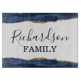Navy Blue Agate Glitter Gold White Familienaam Snijplank