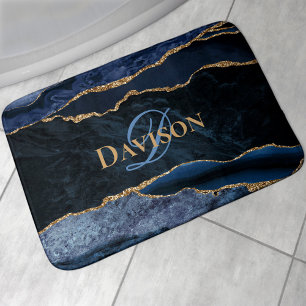 Navy Blue Agate Gold Glitter Monogram Badmat