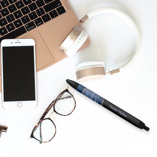 Navy Blue Agate Gold Marble Monogrammed Zwarte Inkt Pen