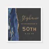 Navy Blue Agate Gold Script Dark 50th Birthday Servet (Voorkant)