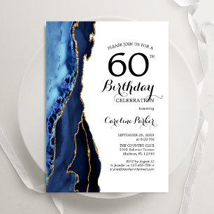 Navy Blue Agate Gold White 60e verjaardag Kaart
