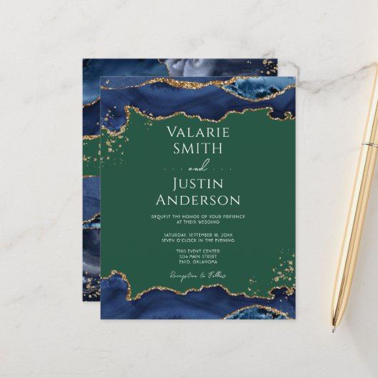 Navy Blue Agate Green Wedding Invitation (Voorkant / Achterkant in situ)