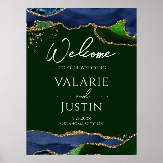 Navy Blue Agate Green Wedding Welcome Sign Poster (Voorkant)