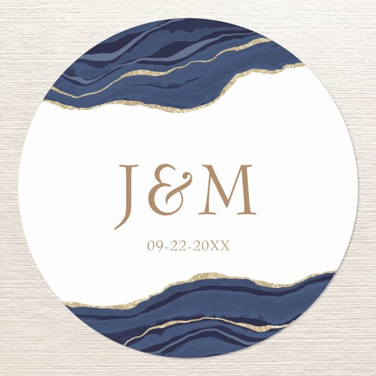 Navy Blue Agate Marble Gold Glitter Wedding Classi Ronde Sticker