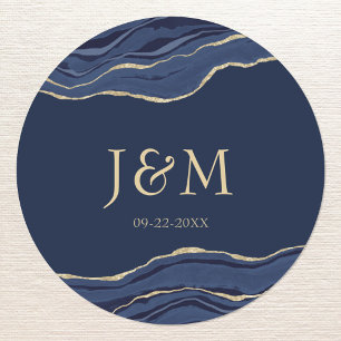 Navy Blue Agate Marble Gold Glitter Wedding Ronde Sticker