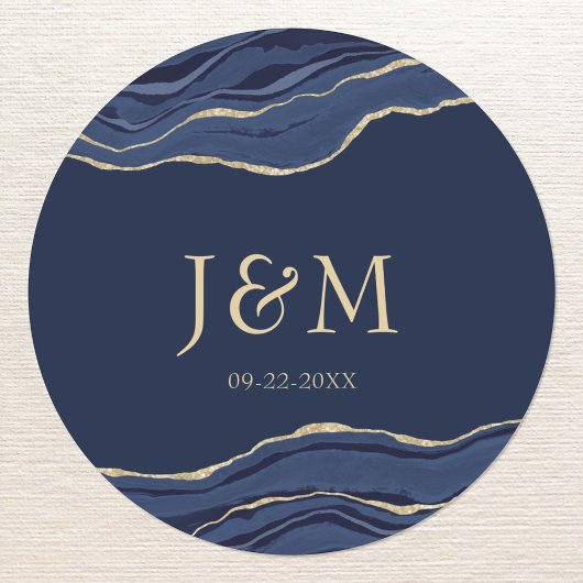 Navy Blue Agate Marble Gold Glitter Wedding Ronde Sticker