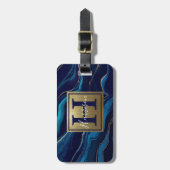 Navy Blue Agate Marble Gold Name en Monogram Bagagelabel (Voorkant verticaal)