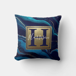 Navy Blue Agate Marble Gold Name en Monogram Kussen