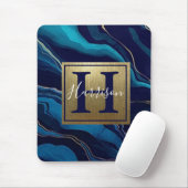 Navy Blue Agate Marble Gold Name en Monogram Muismat (Met muis)