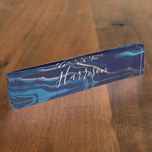 Navy Blue Agate Marble Gold Name en Monogram Naambordje (Zijkant)