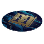 Navy Blue Agate Marble Gold Name en Monogram Snijplank (Hoek)