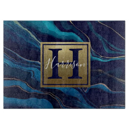 Navy Blue Agate Marble Gold Name en Monogram Snijplank