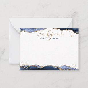 Navy Blue Agate Monogram Fancy Manuscript Gold Gli Notitiekaartje