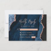 Navy Blue Agate Roos Gold Script Wedding RSVP Kaartje (Voorkant)
