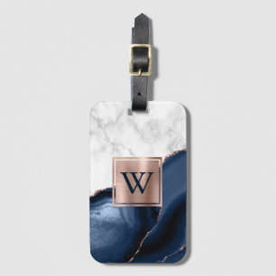 Navy Blue Agate Roos Gold White marble Monogram Bagagelabel