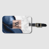 Navy Blue Agate Roos Gold White marble Monogram Bagagelabel (Voorkant (horizontaal))