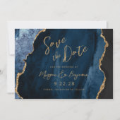 Navy Blue Agate Script Wedding Save the Date (Voorkant)