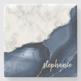 Navy Blue Agate Signature White Marble Silver Stenen Onderzetter