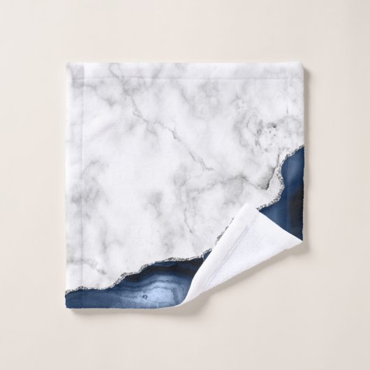 Navy Blue Agate Silver Glitter White Marble Bad Handdoek (Wasdoekje)